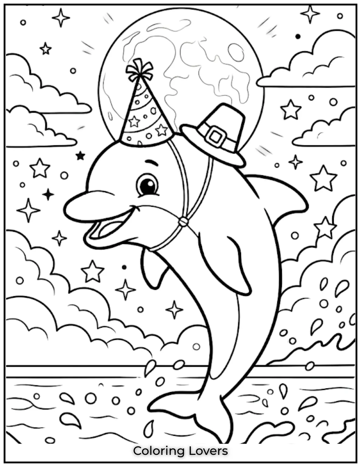 A magical dolphin leaps under the stars.This printable dolphin coloring page is ideal for a calming activity.