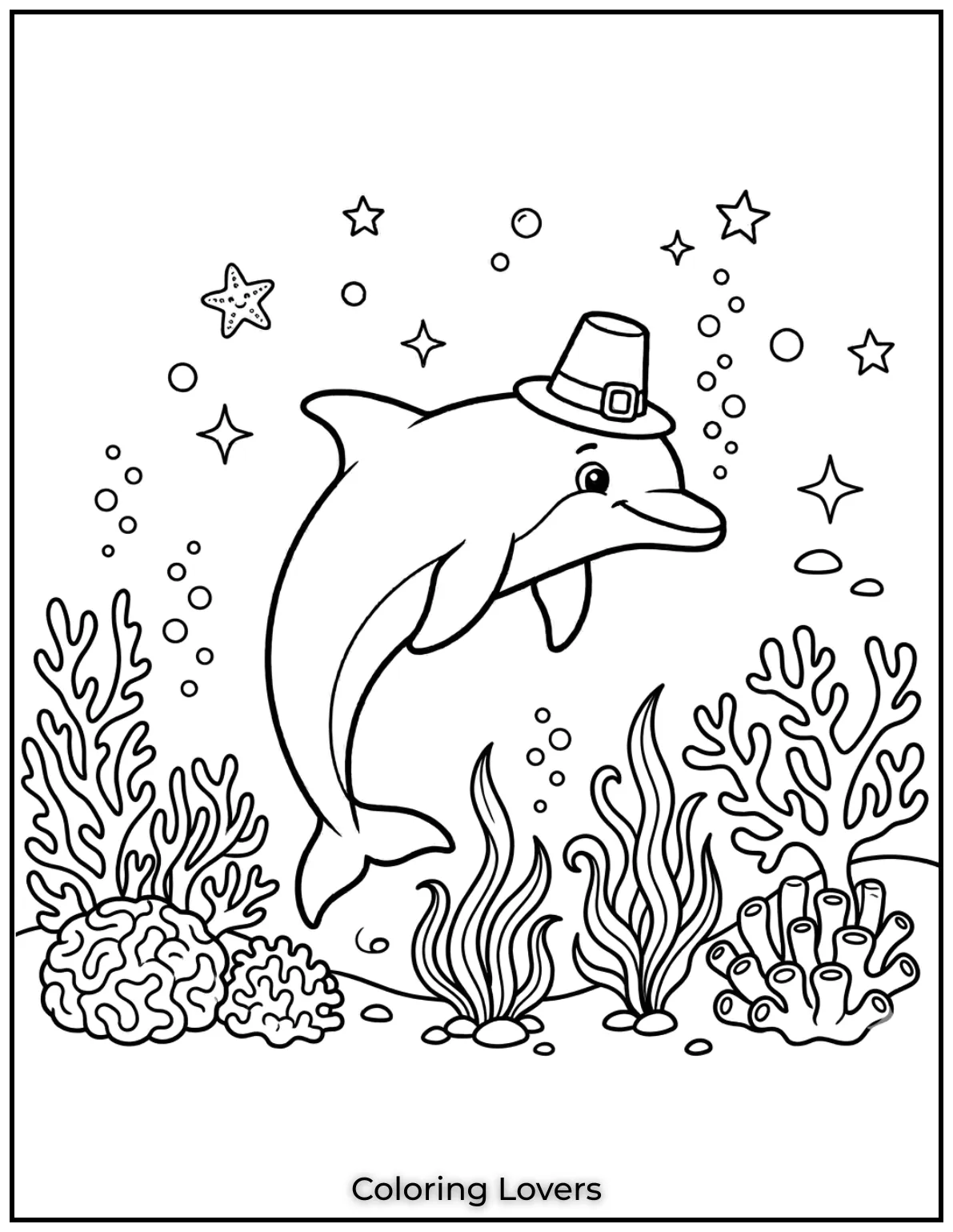 A playful dolphin swims peacefully among the sea plants.