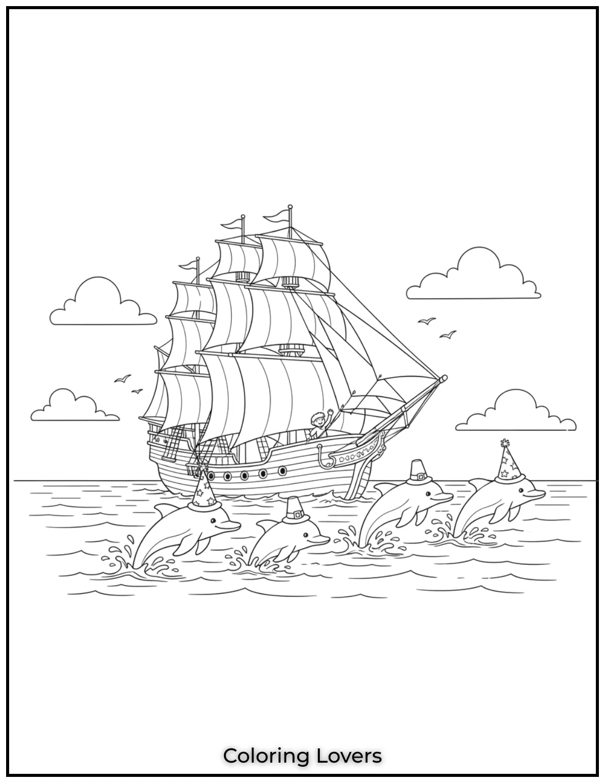 A pod of dolphins swims gracefully alongside a ship printable pdf sheet