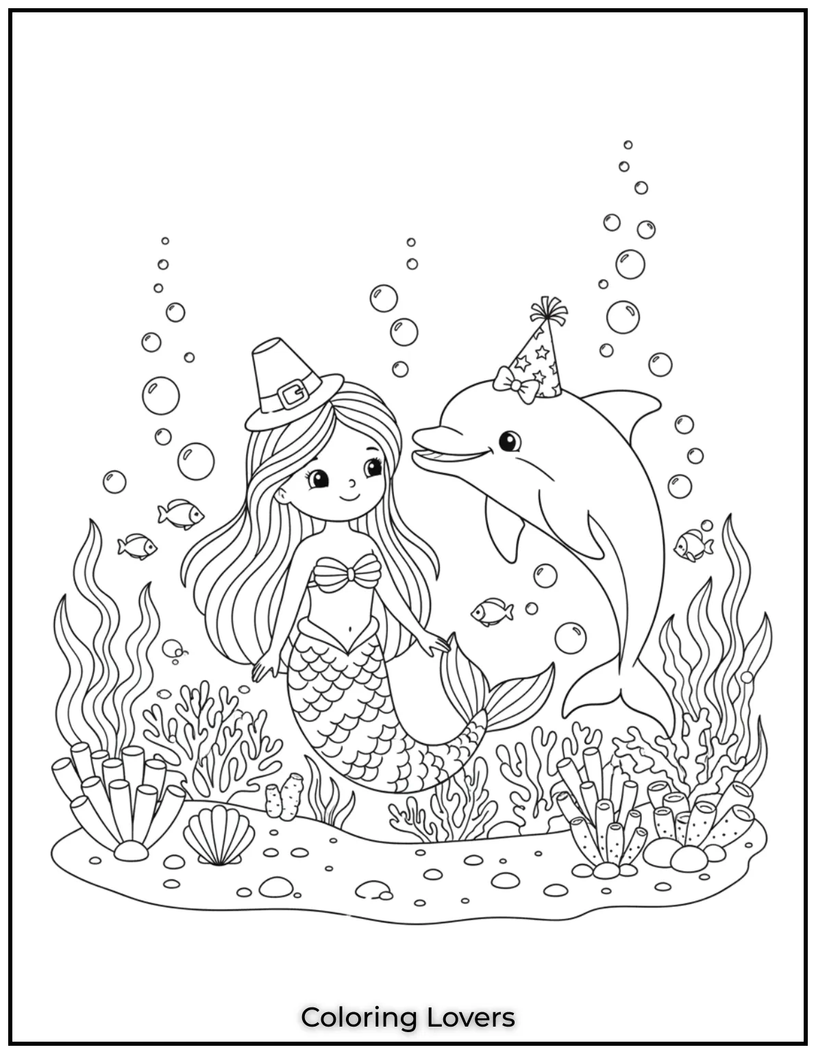 A serene scene featuring a mermaid and a dolphin easy fun color idea
