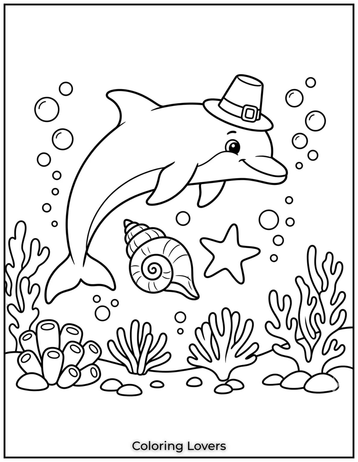 A sweet dolphin circles a shell and starfish among bubbles coloring page