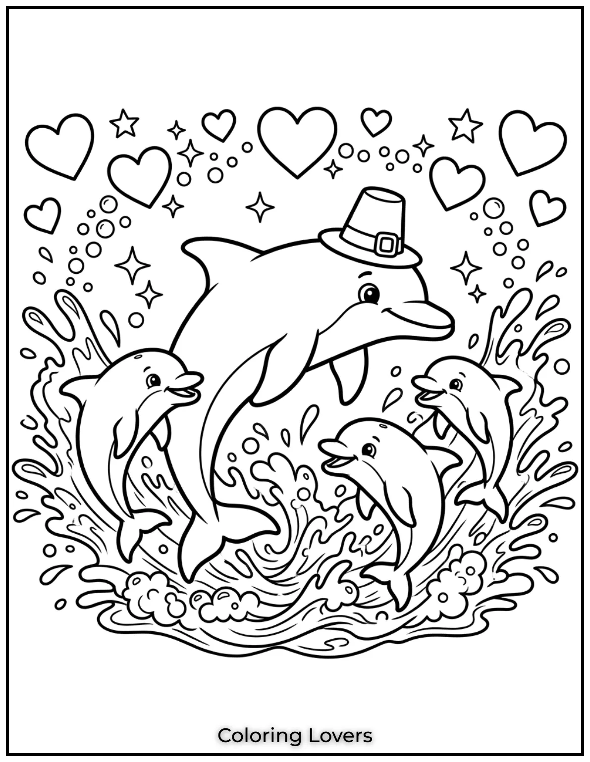 Four dolphins splash with love under hearts and stars. A joyful family moment filled with play.