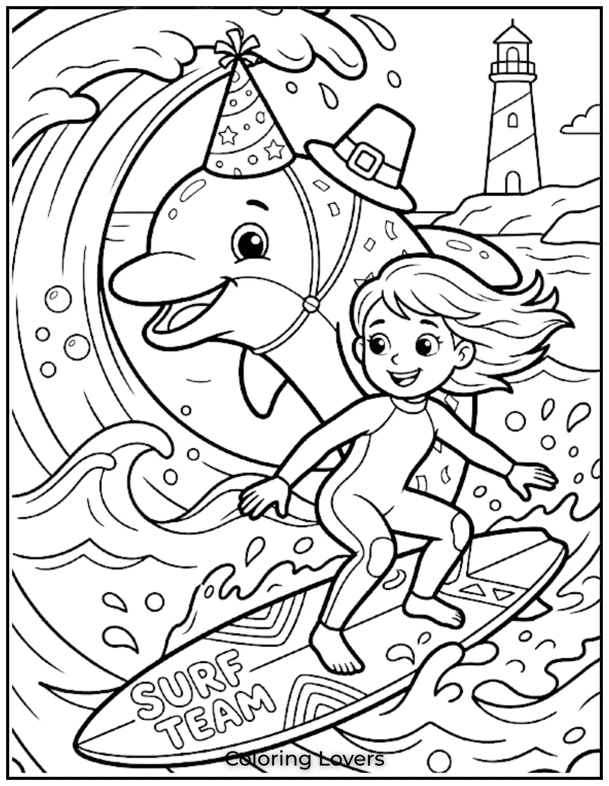 Riding the waves together, this girl and dolphin create the ultimate surf team coloring page.