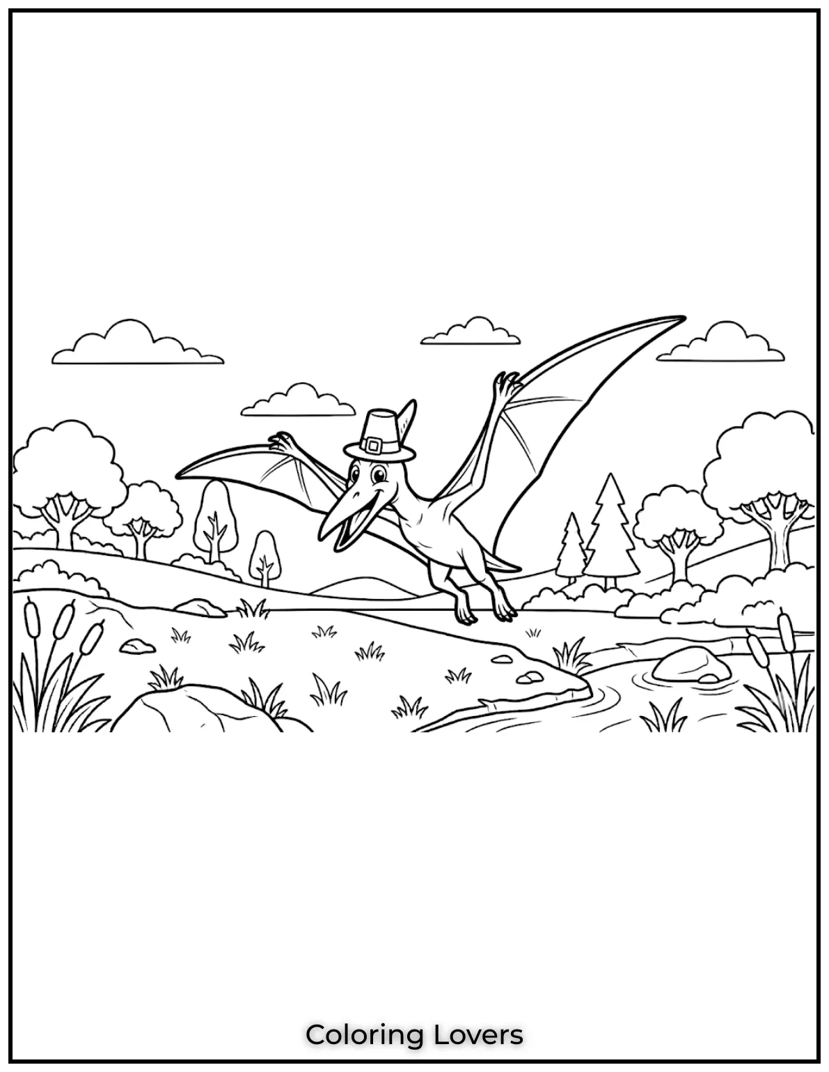 Soaring high with big eyes and a happy smile, this cute Pterodactyl is perfect for dinosaur coloring pages for kids.