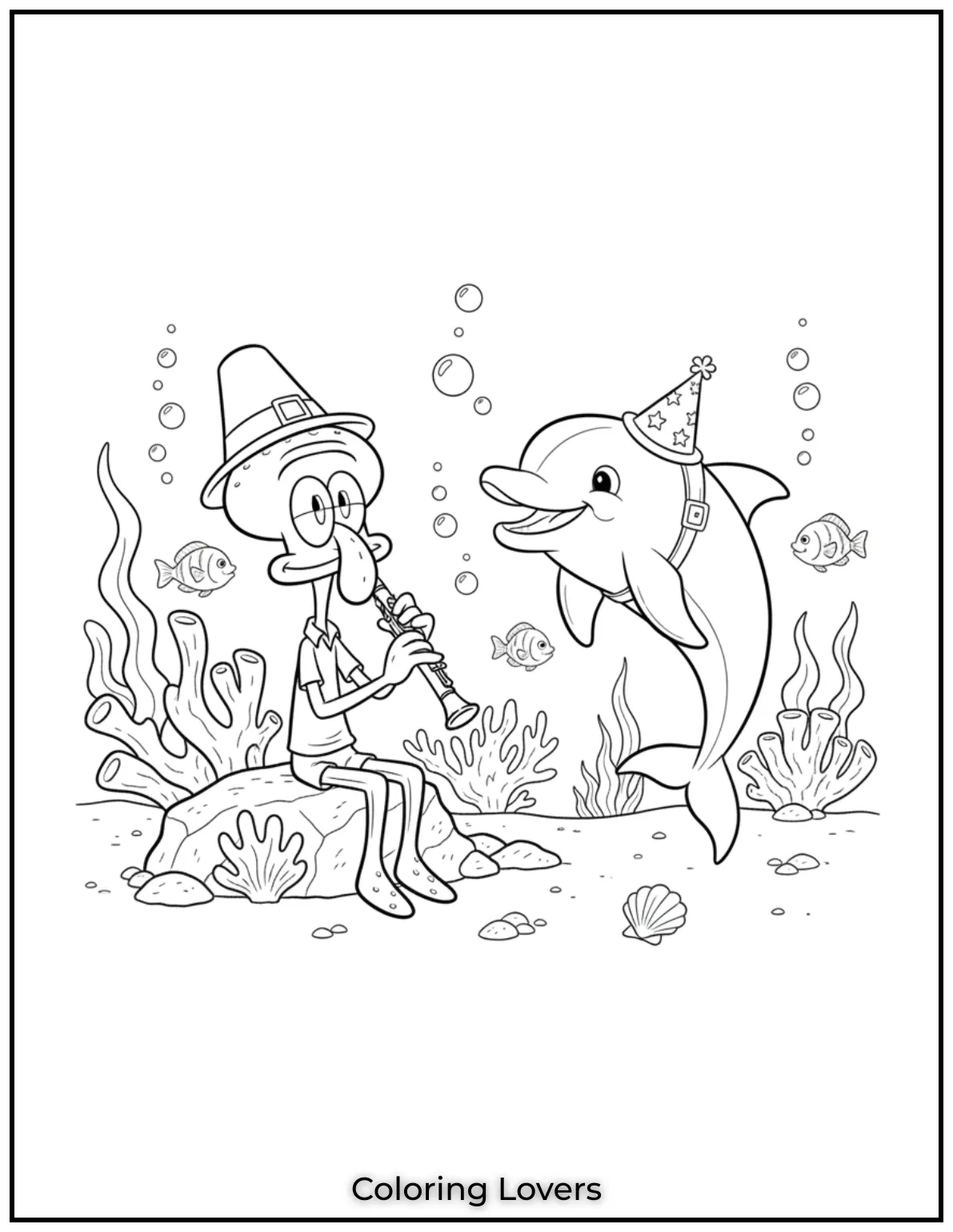 Squidward is playing his clarinet underwater, and the dolphin seems to enjoy coloring page
