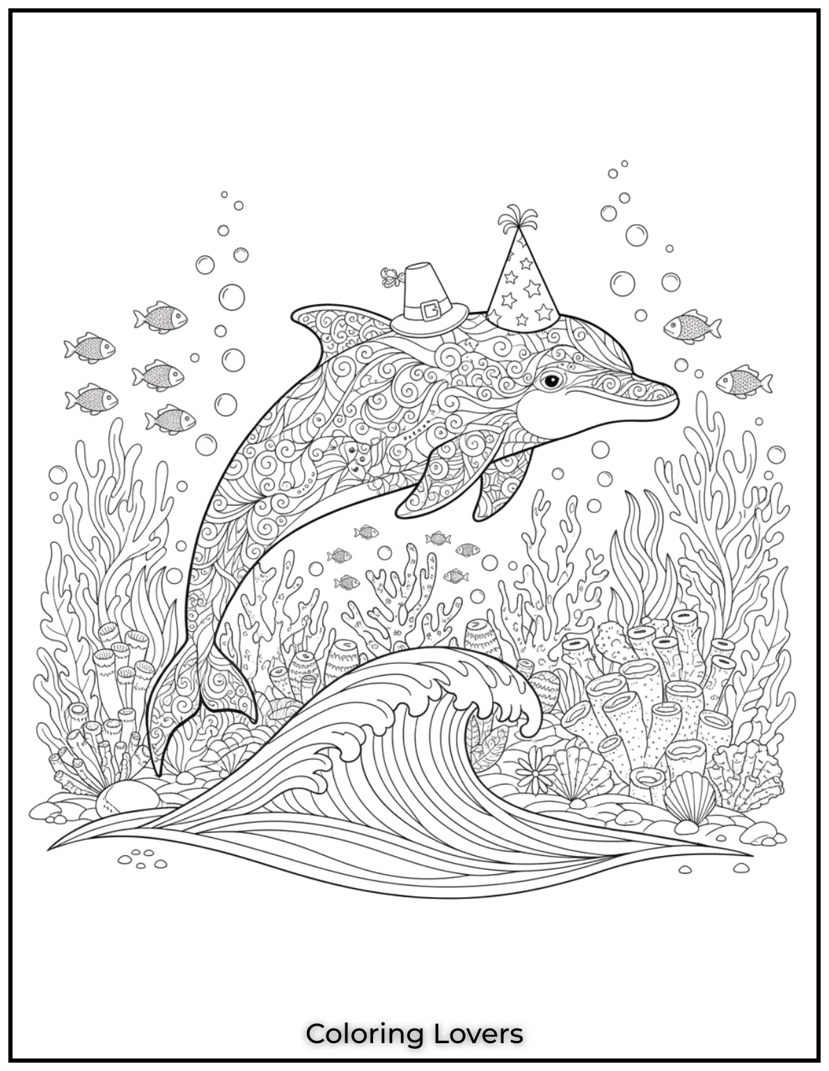 The delicate patterns on this dolphin make it a soothing coloring activity.