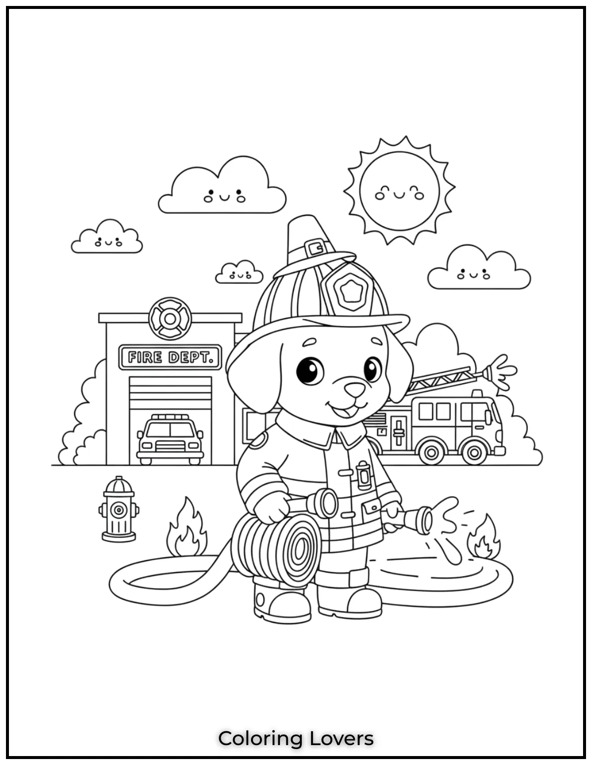 This adorable coloring page shows a puppy in a firefighter costume.