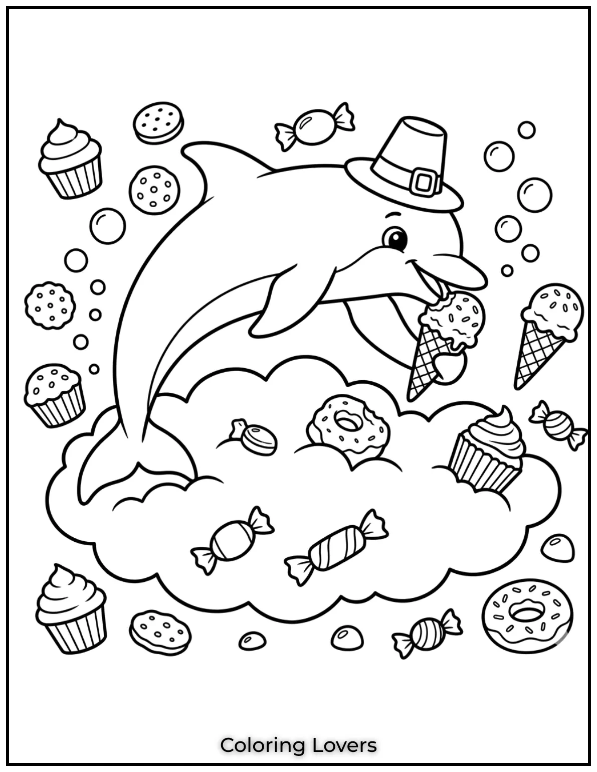 This baby dolphin enjoys an ice cream cone while floating on a soft cloud coloring pages
