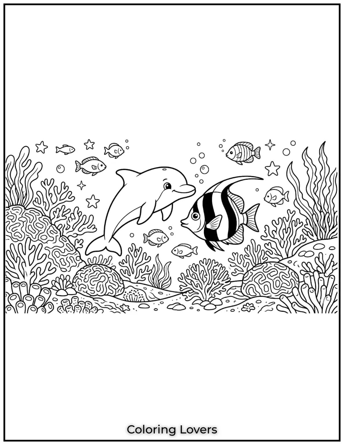 This baby dolphin swims beside a striped fish in a coral reef. A peaceful underwater adventure awaits.