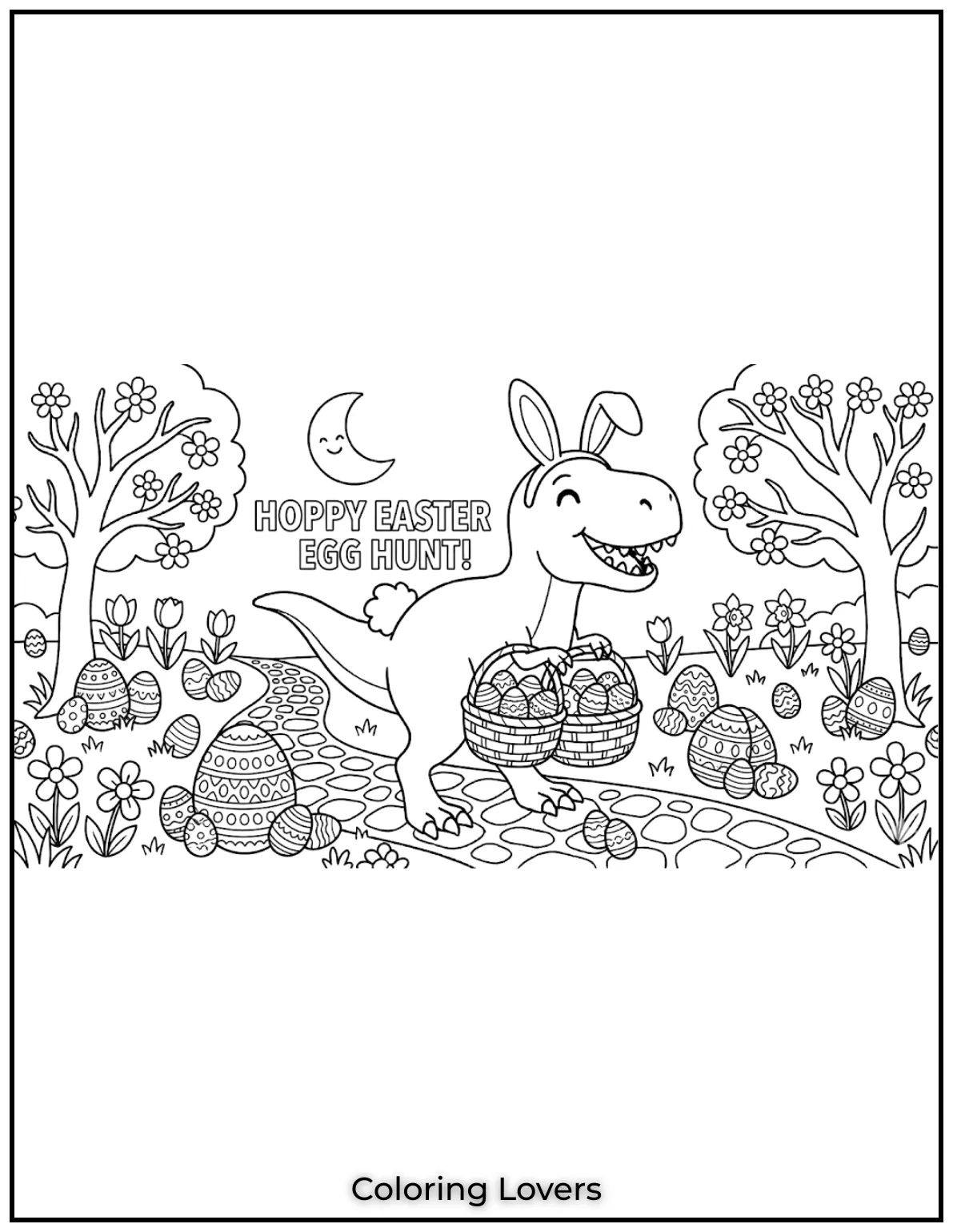 This dinosaur dressed as the Easter Bunny is on an egg hunt.