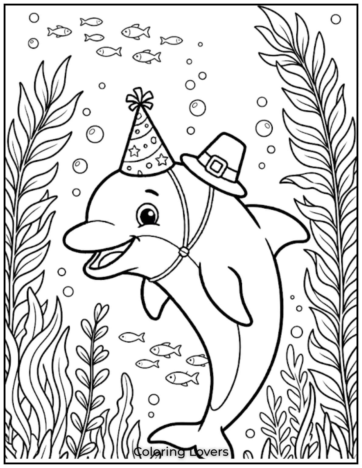 This dolphin is gliding peacefully through the seaweed coloring page
