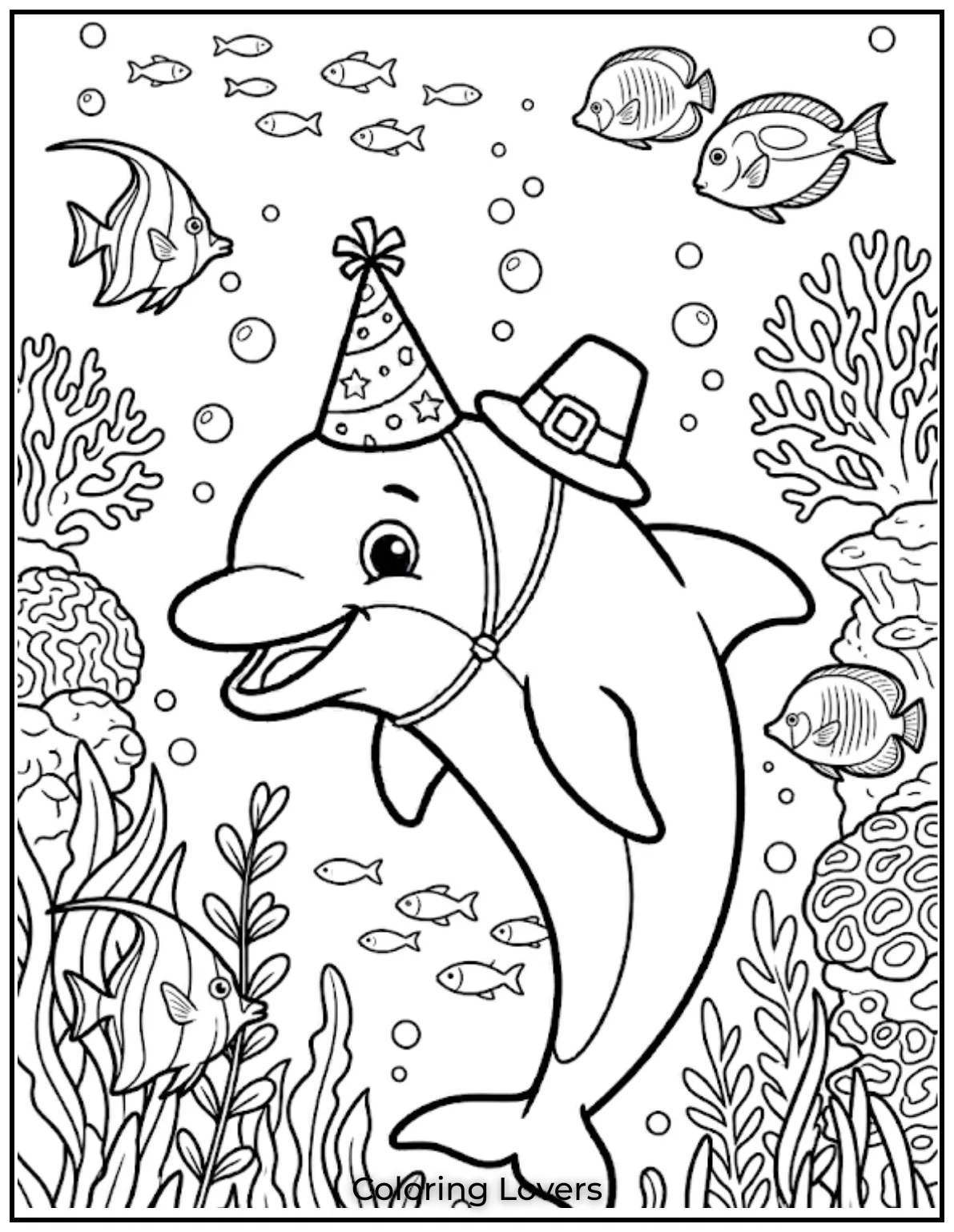 This dolphin is swimming gracefully near a coral reef, surrounded by little fish.