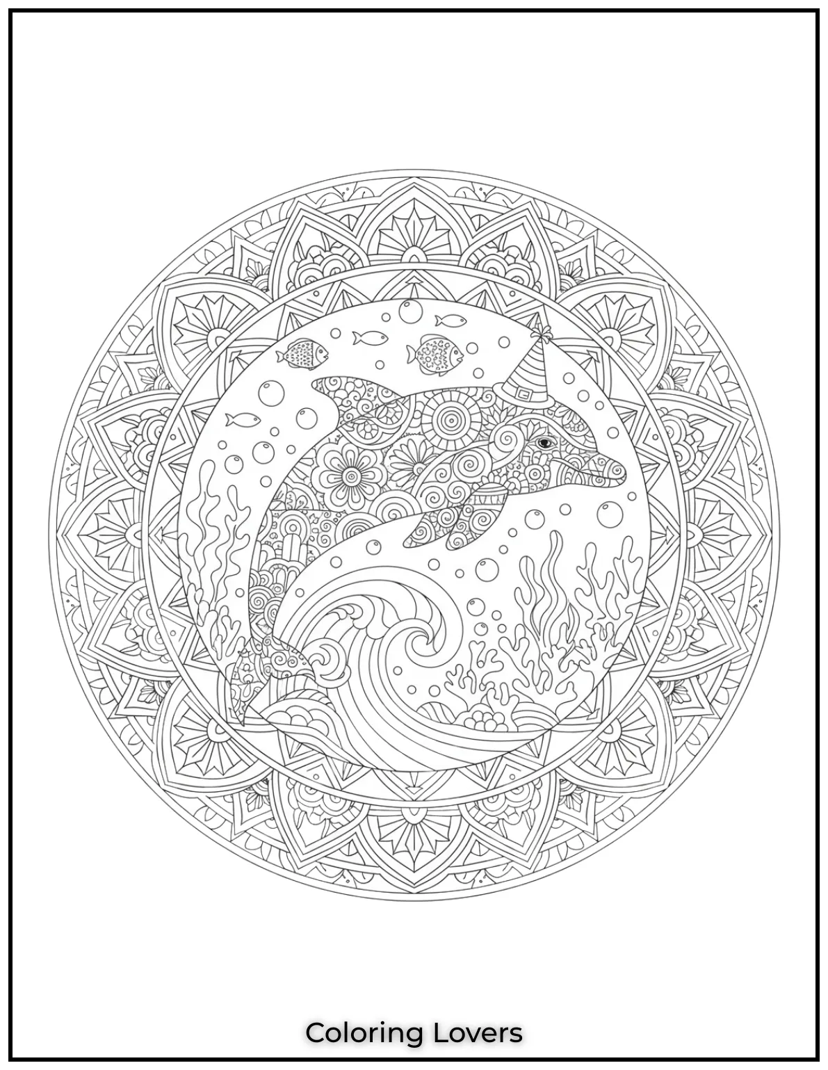 This dolphin surrounded by geometric mandala patterns coloring page