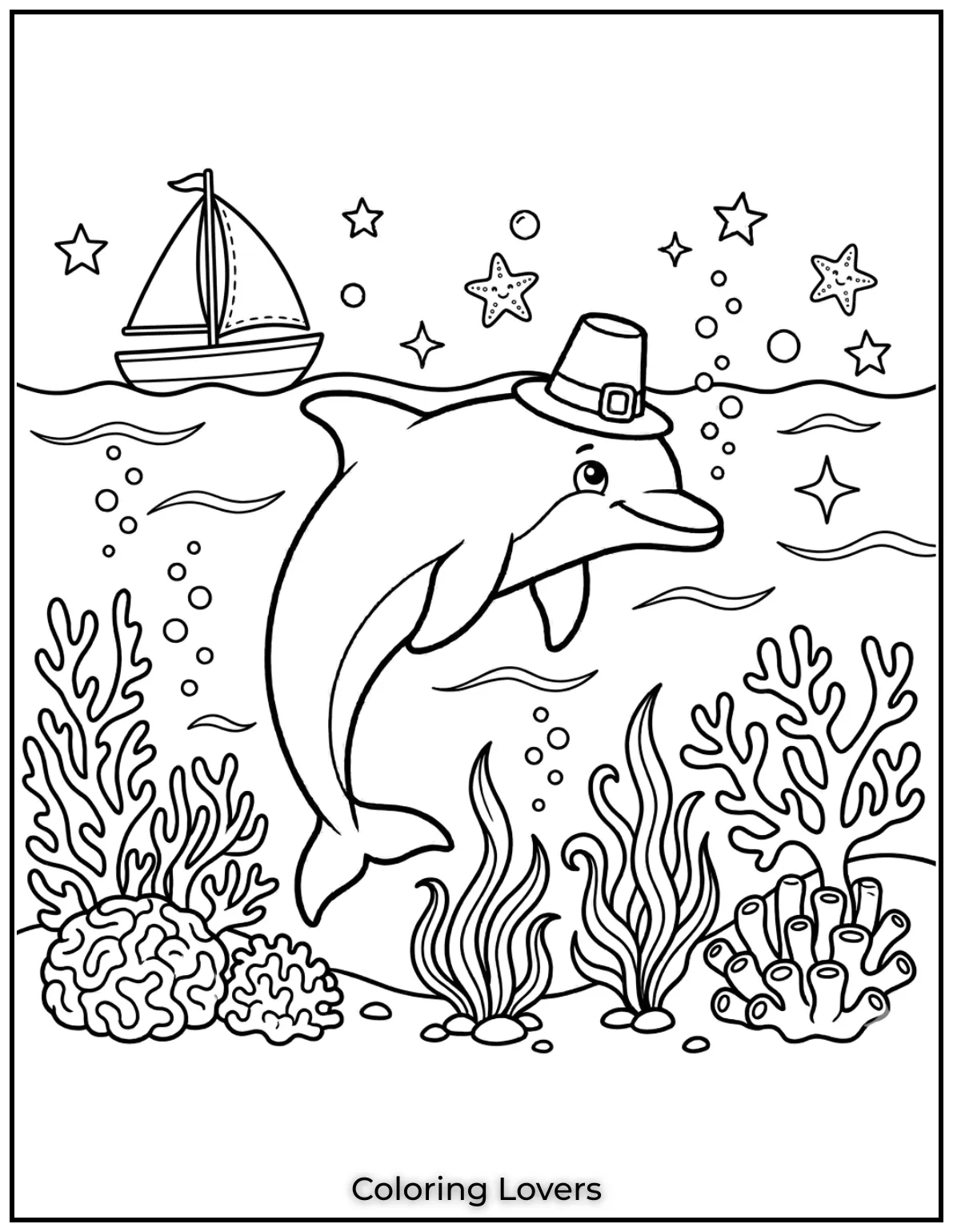 This smiling baby dolphin is gliding through the water while a sailboat floats above. 