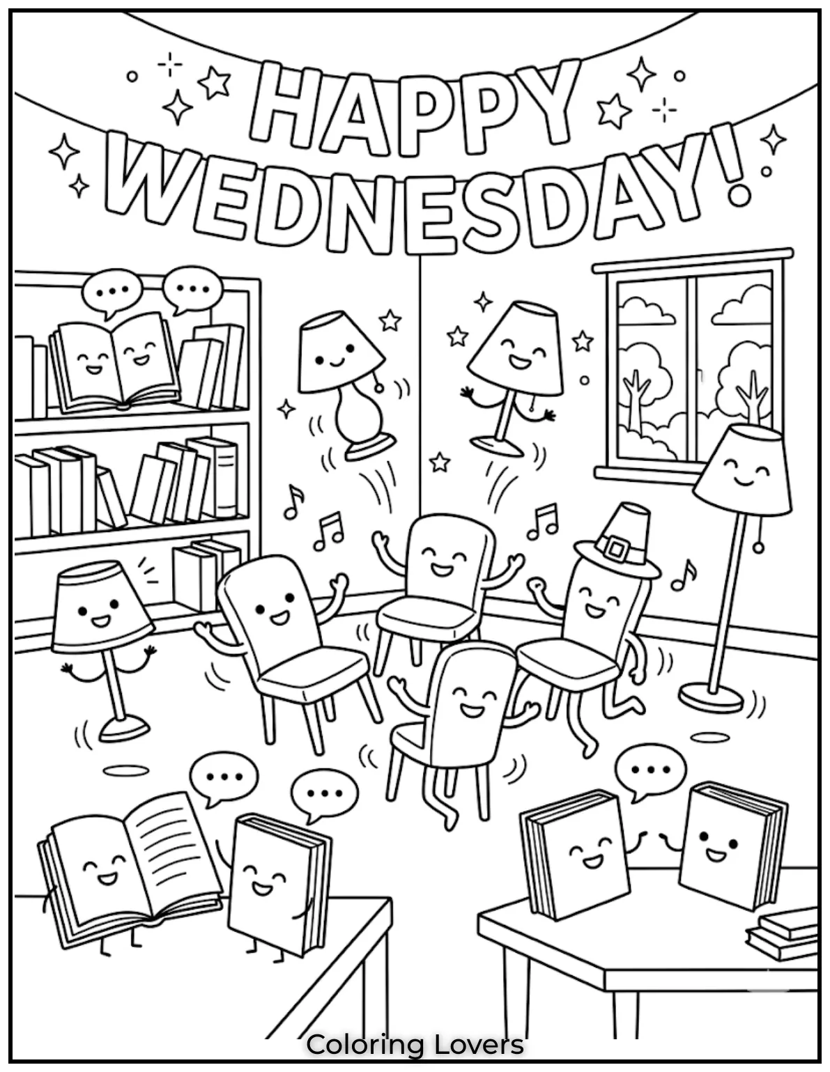 Wednesday Coloring Pages: Relaxing, Creative & Free Printables for Everyone 8 This Wednesday coloring page includes strange objects, helping kids explore imagination through fun artistic expression.