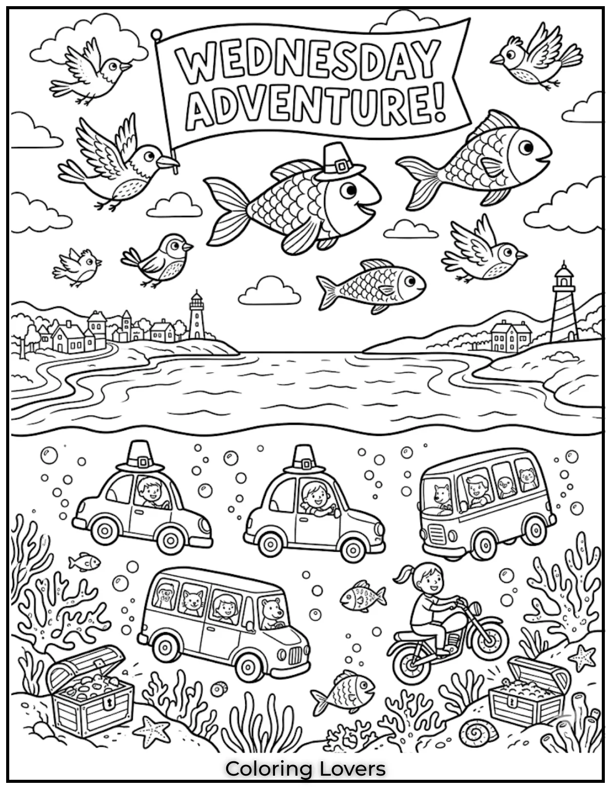 Wednesday Coloring Pages: Relaxing, Creative & Free Printables for Everyone 5 This Wednesday coloring page mixes unusual elements, helping kids enjoy silly and creative coloring time.