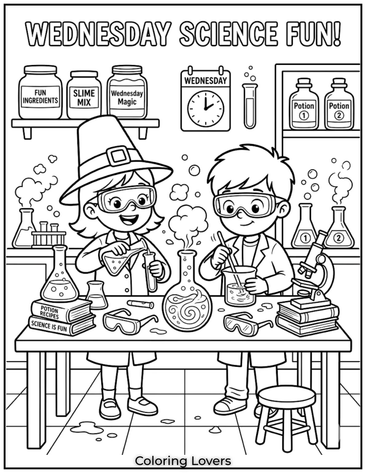 Wednesday Coloring Pages: Relaxing, Creative & Free Printables for Everyone 15 This Wednesday coloring page introduces simple science ideas, making learning fun and creative for kids.