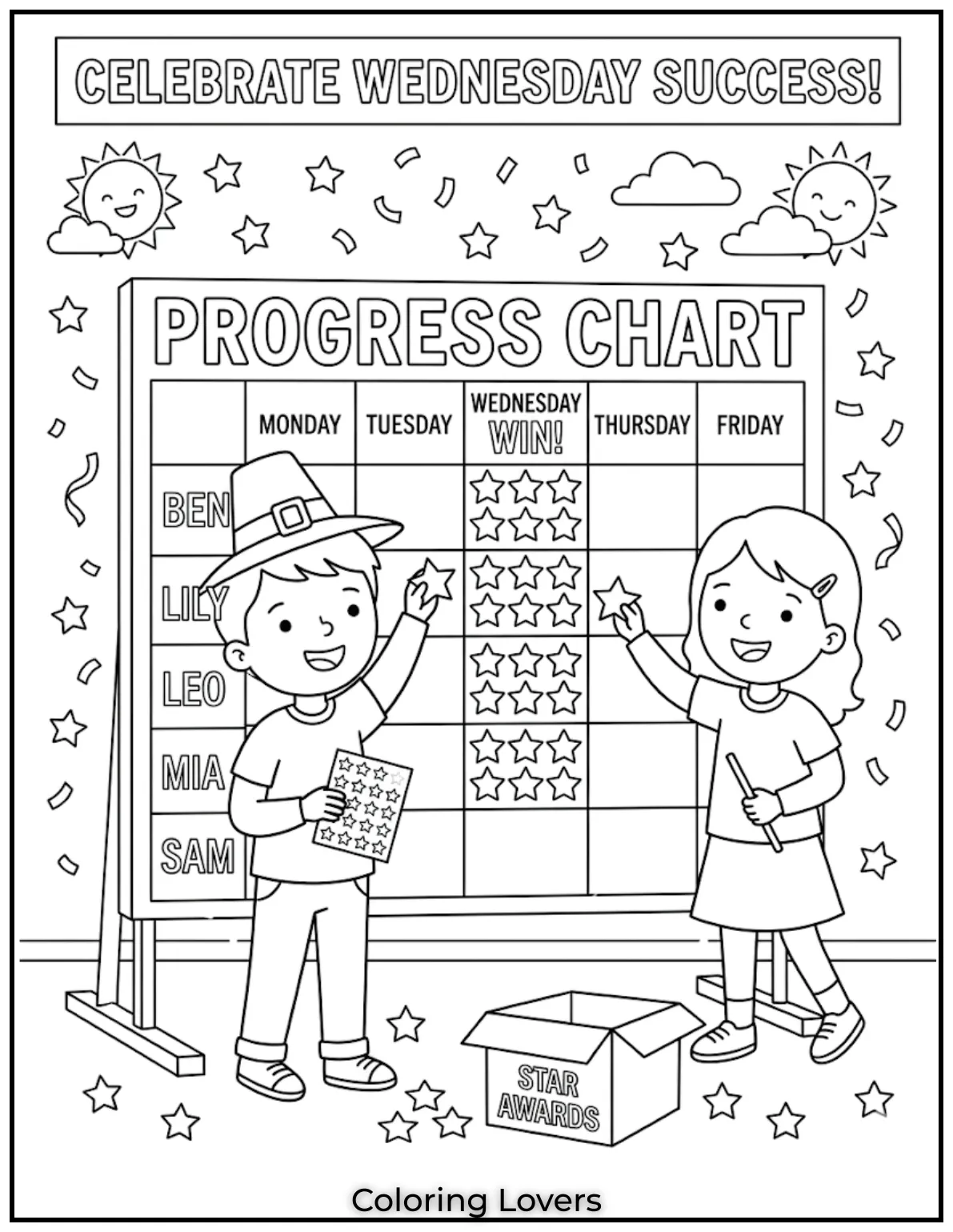 Wednesday Coloring Pages: Relaxing, Creative & Free Printables for Everyone 13 This Wednesday coloring page uses reward themes to motivate kids through fun and engaging coloring.