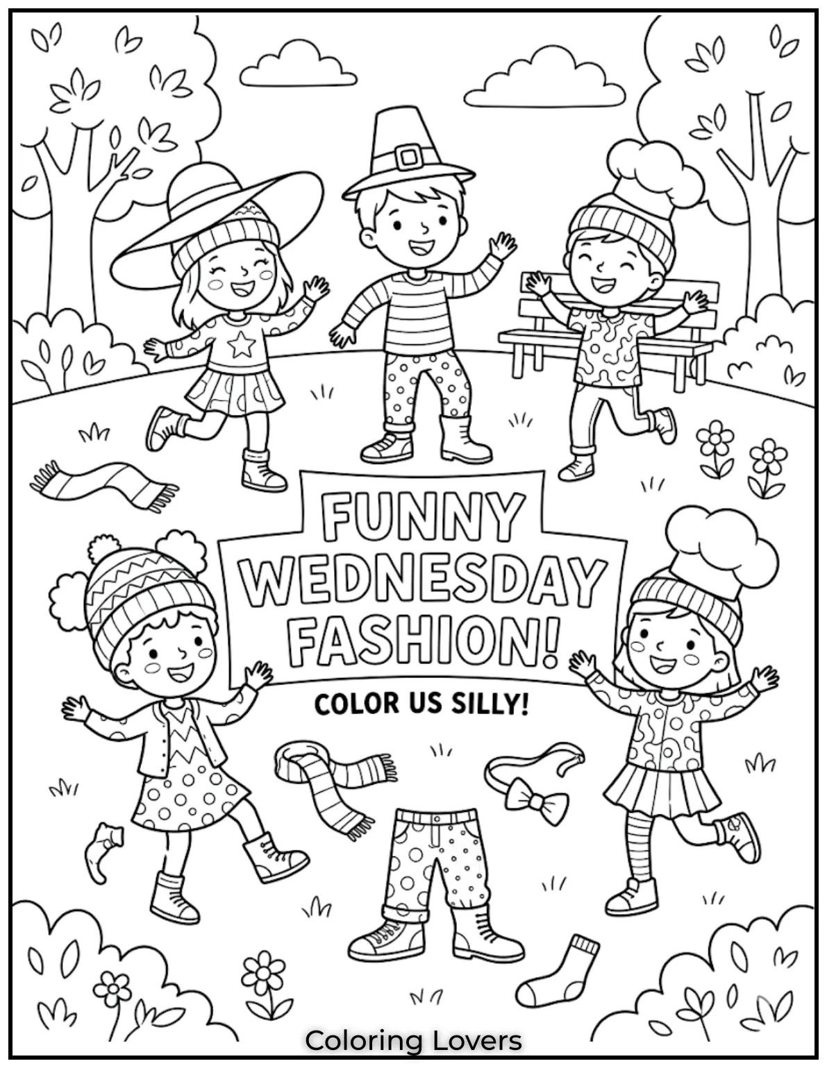 Wednesday Coloring Pages: Relaxing, Creative & Free Printables for Everyone 7 Kids wearing funny outfits make this Wednesday coloring page playful and full of creative inspiration.