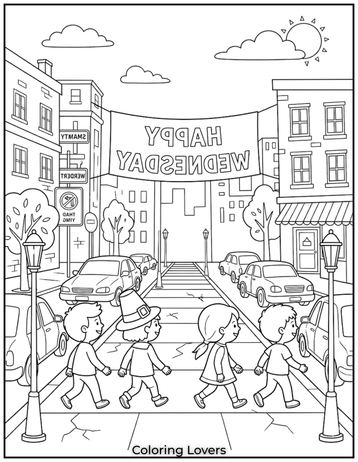 Wednesday Coloring Pages: Relaxing, Creative & Free Printables for Everyone 4 A fun Wednesday coloring page featuring a backward world encourages kids to think and color differently.