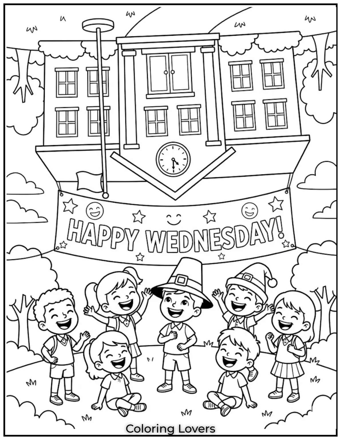 Wednesday Coloring Pages: Relaxing, Creative & Free Printables for Everyone 6 An upside down school scene makes this Wednesday coloring page exciting, funny, and highly engaging.