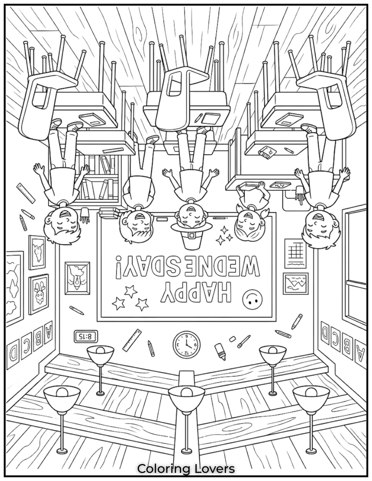 Wednesday Coloring Pages: Relaxing, Creative & Free Printables for Everyone 3 This Wednesday coloring page shows an upside down classroom, making kids laugh while coloring creatively.