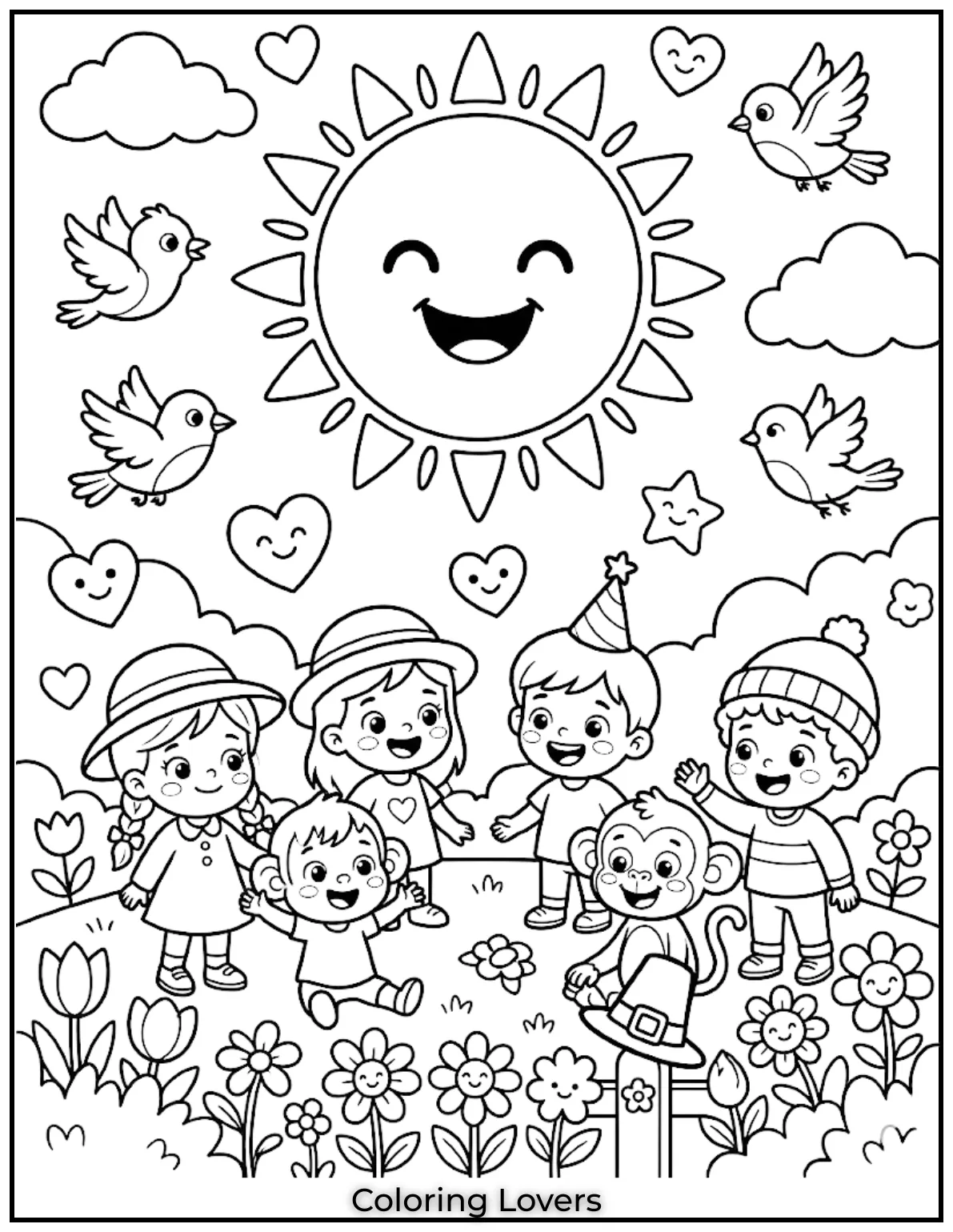 Tuesday Coloring Pages: Fun, Easy & Free Printable's 6 big smiling sun fluffy clouds birds flying flowers blooming outdoor happy scene simple cartoon outline black and white coloring page