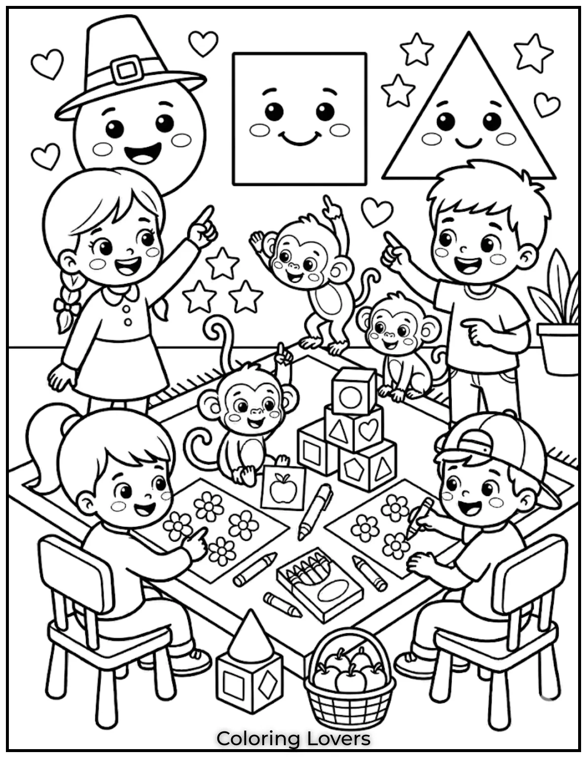 Tuesday Coloring Pages: Fun, Easy & Free Printable's 11 circle square triangle with cute faces playful educational design clean lines simple coloring page for kids