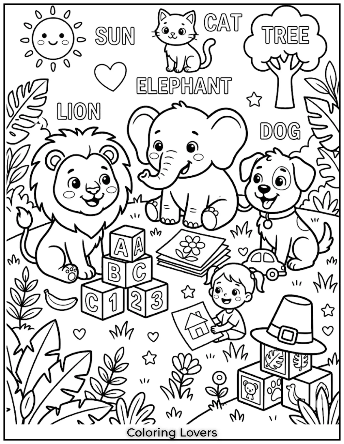 Tuesday Coloring Pages: Fun, Easy & Free Printable's 13 easy words like sun cat tree with matching drawings clean layout kid friendly learning coloring page