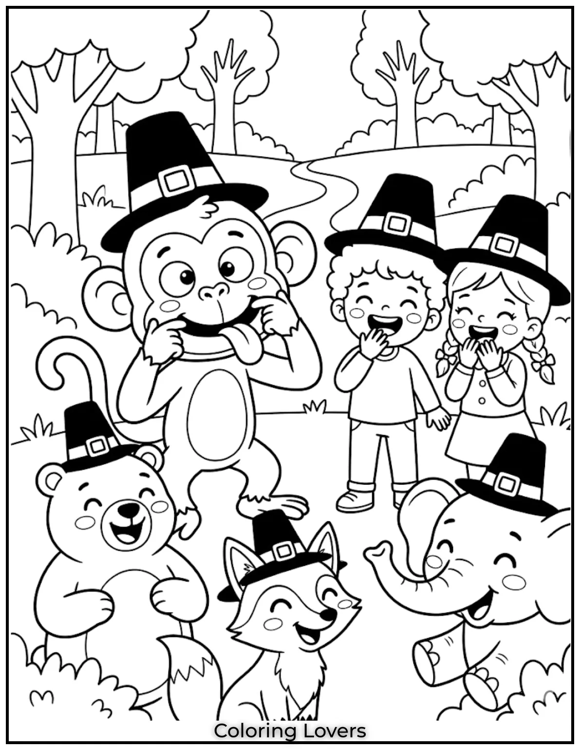Tuesday Coloring Pages: Fun, Easy & Free Printable's 4 funny cartoon animals laughing monkey making silly faces kids giggling together playful scene simple line art bold outlines coloring page no color