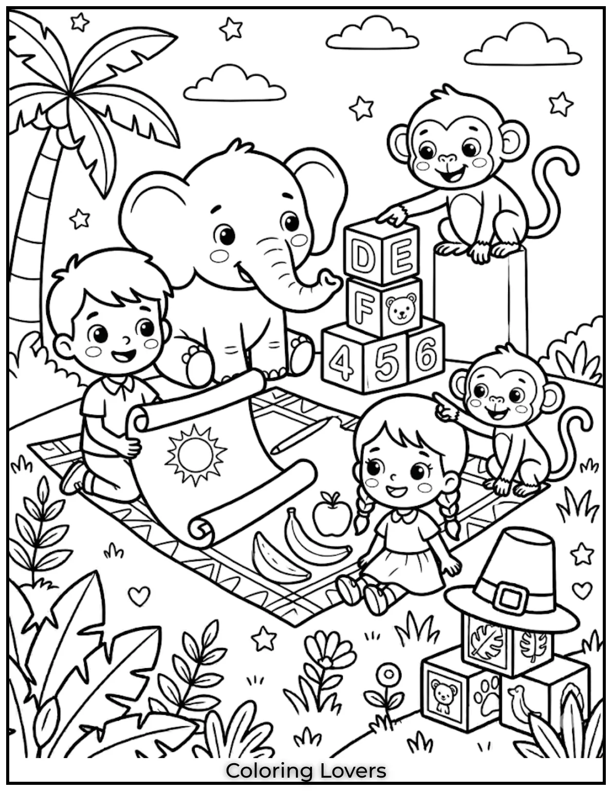 Tuesday Coloring Pages: Fun, Easy & Free Printable's 15 group of cute cartoon kids and animals smiling faces playful scene simple outline coloring page