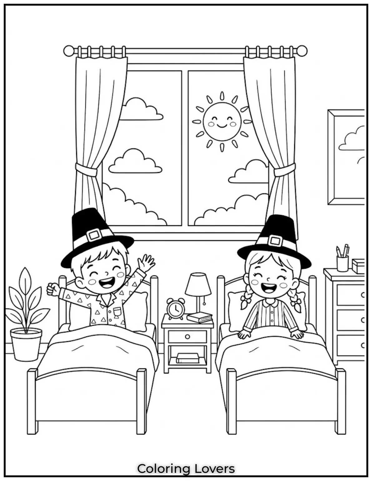Tuesday Coloring Pages: Fun, Easy & Free Printable's 3 happy kids waking up in bedroom sunlight through window smiling sun outside cheerful mood simple cartoon style bold outlines black and white coloring page no shading