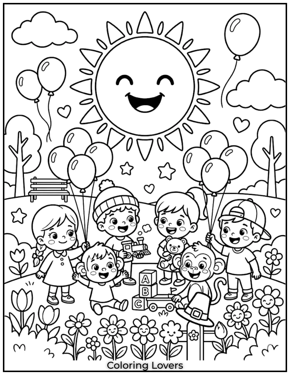 Tuesday Coloring Pages: Fun, Easy & Free Printable's 7 kids playing with balloons and toys simple happy life moments cute characters minimal background clean bold lines coloring page