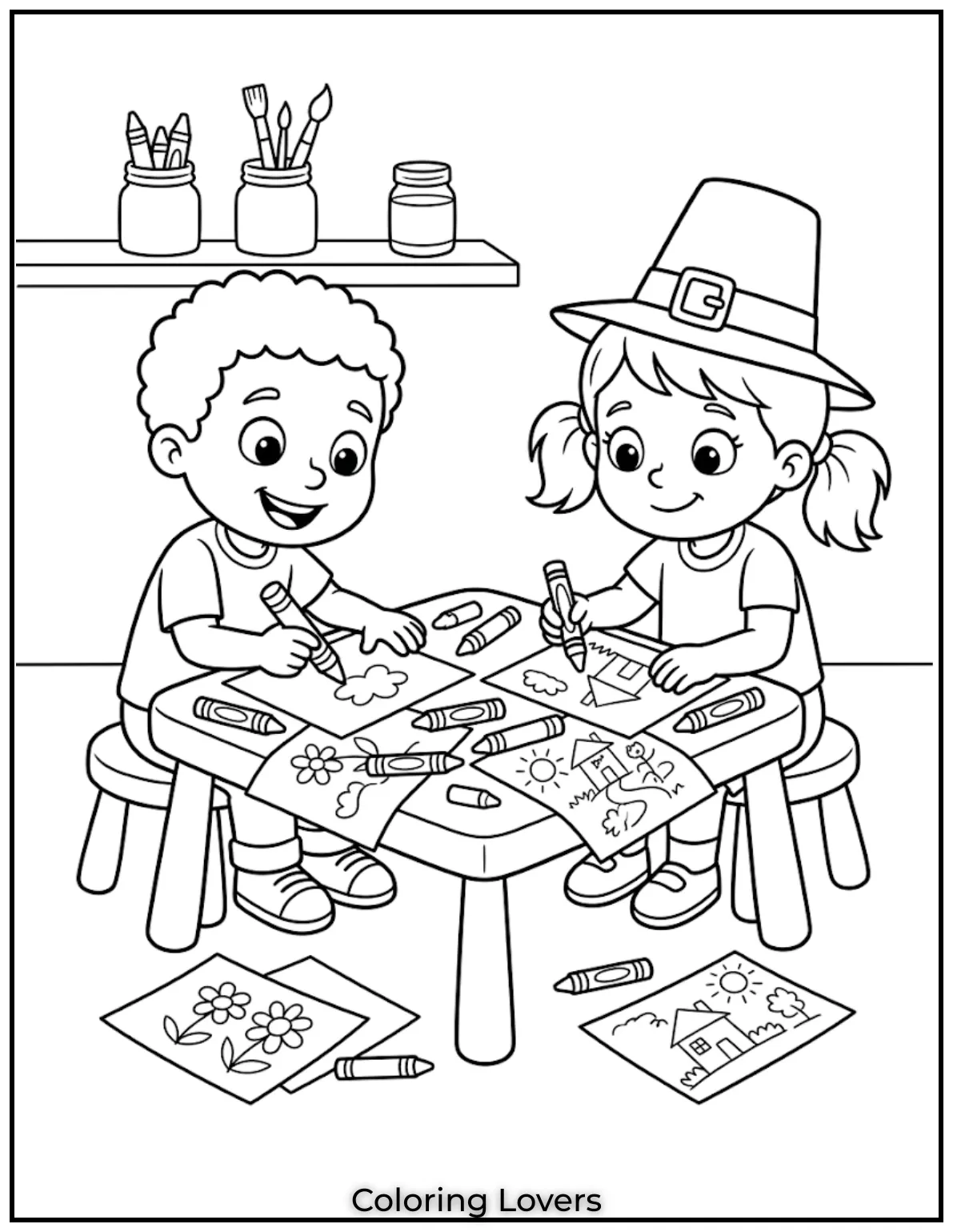 Tuesday Coloring Pages: Fun, Easy & Free Printable's 8 kids sitting at art table, crayons scattered, drawing papers