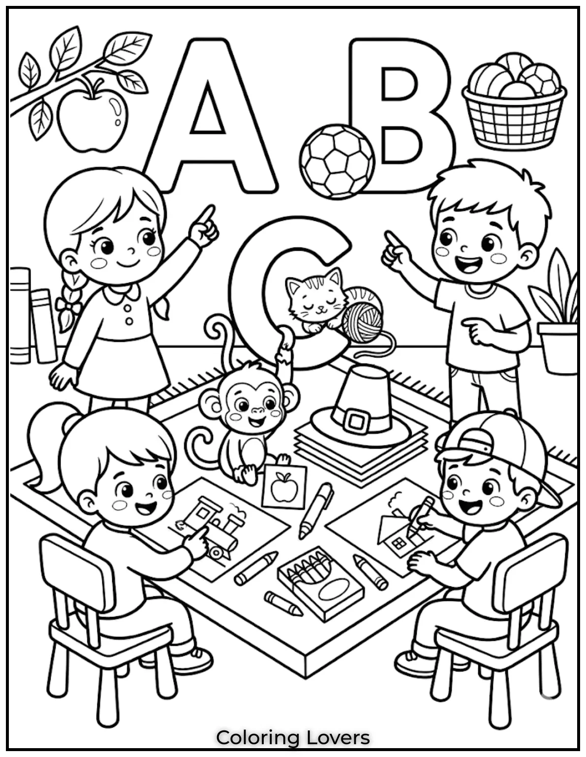 Tuesday Coloring Pages: Fun, Easy & Free Printable's 9 large alphabet letters A B C apple ball cat illustrations educational theme simple cartoon style bold outlines coloring page