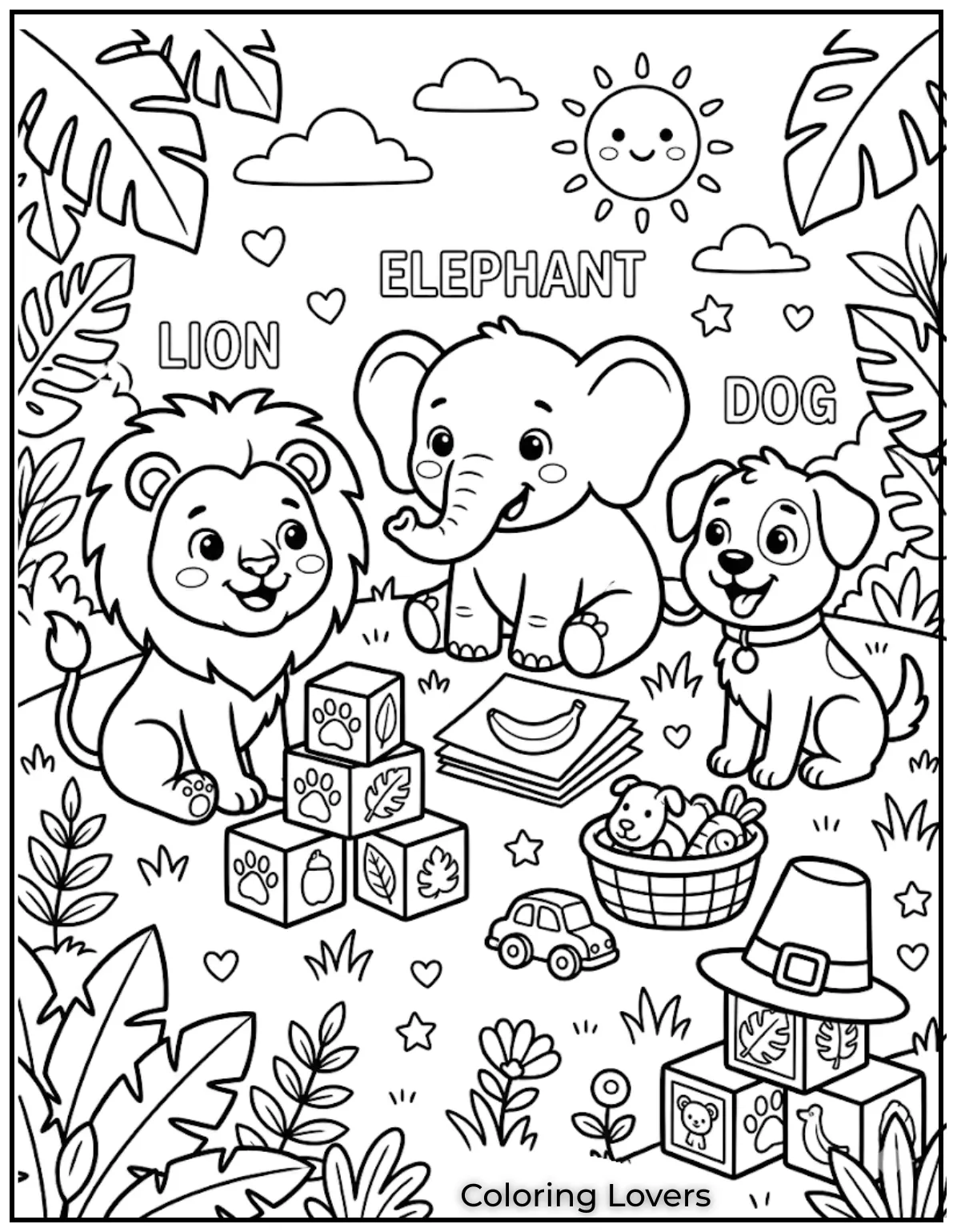 Tuesday Coloring Pages: Fun, Easy & Free Printable's 12 lion elephant dog with labels jungle theme simple cartoon animals bold outlines black and white coloring page