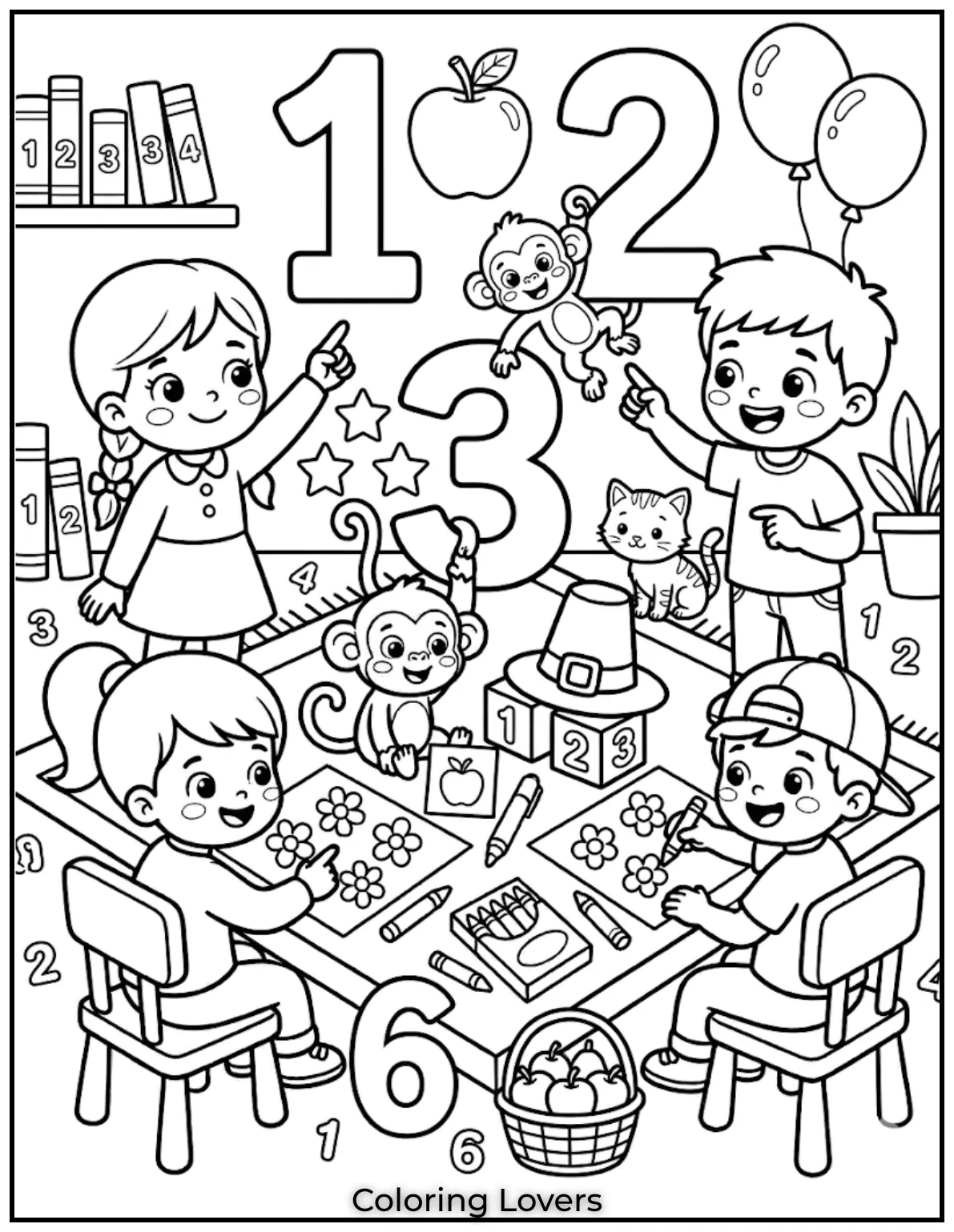 Tuesday Coloring Pages: Fun, Easy & Free Printable's 10 numbers with objects counting apples balloons stars kid friendly math theme simple line art black and white coloring page
