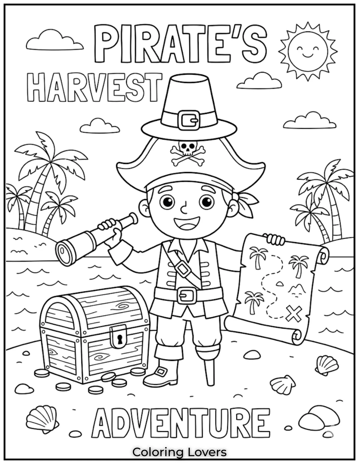 Pirate Treasure HuntAhoy! Kids color pirates and treasure maps, dreaming about hidden gold and fun sea adventures.