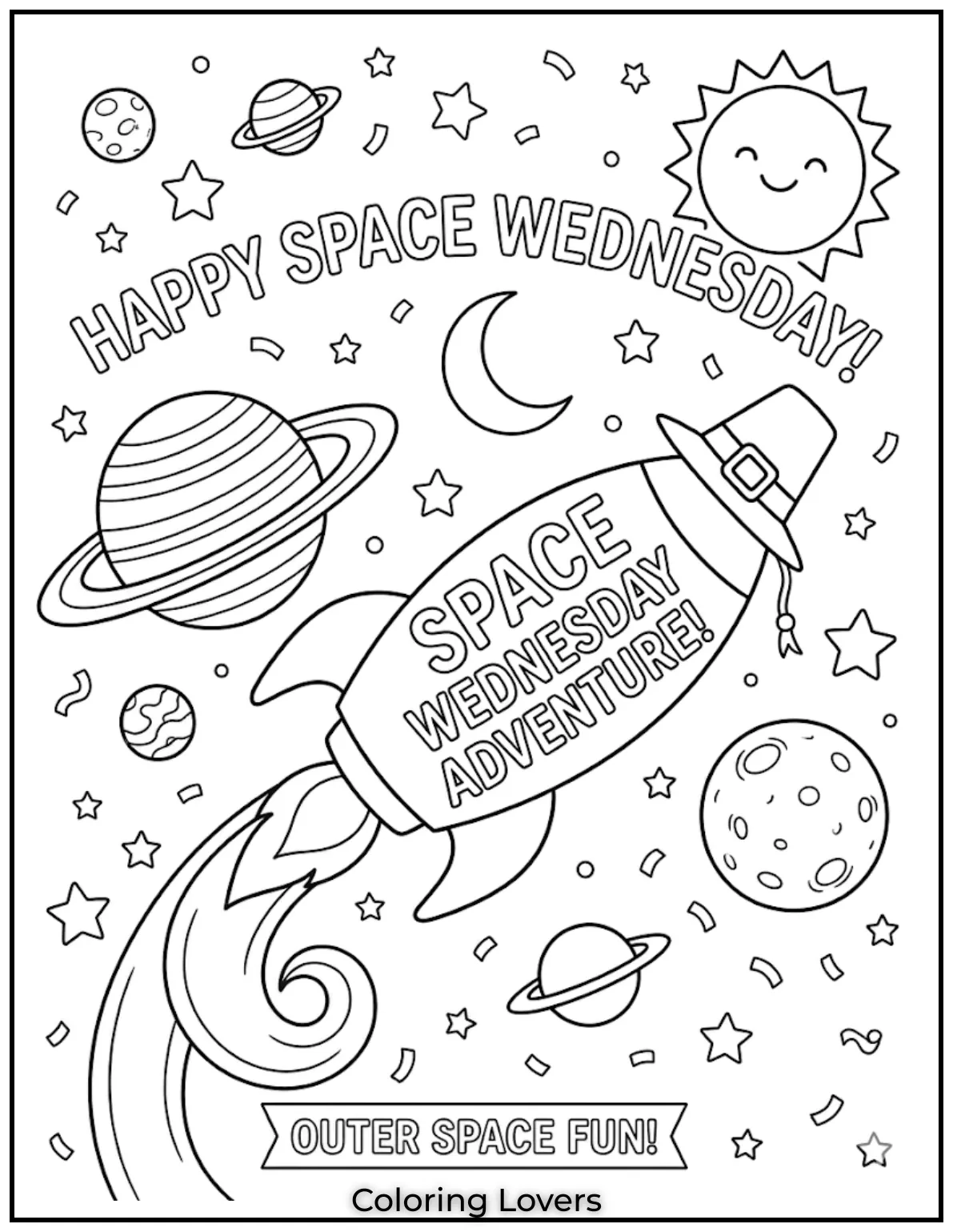 Wednesday Coloring Pages: Relaxing, Creative & Free Printables for Everyone 16 A space themed Wednesday coloring page inspires imagination with planets, stars, and exciting adventures.