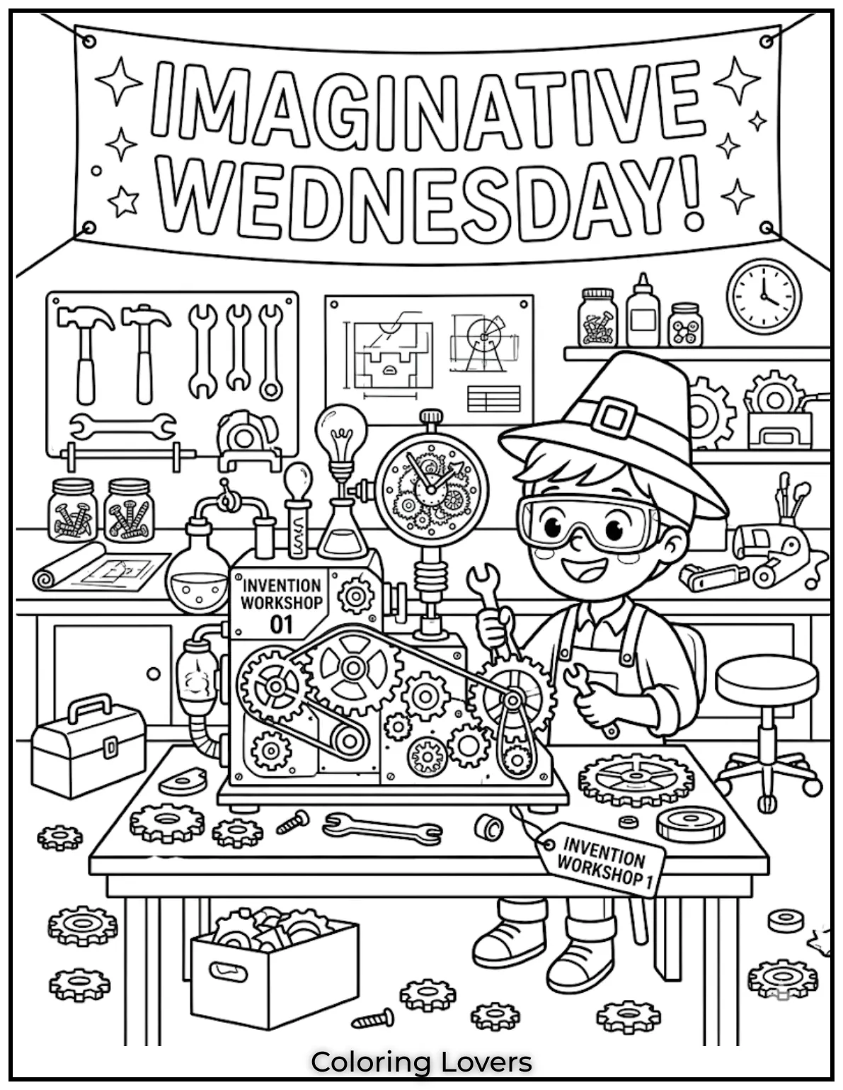 Wednesday Coloring Pages: Relaxing, Creative & Free Printables for Everyone 18 Kids explore creativity through this Wednesday coloring page focused on building and imagining new inventions.