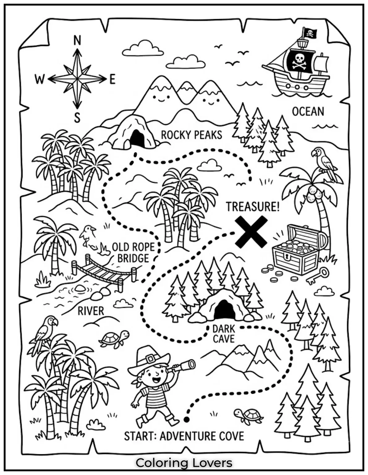 Wednesday Coloring Pages: Relaxing, Creative & Free Printables for Everyone 19 An adventurous Wednesday coloring page with maps helps kids enjoy storytelling and creative exploration.