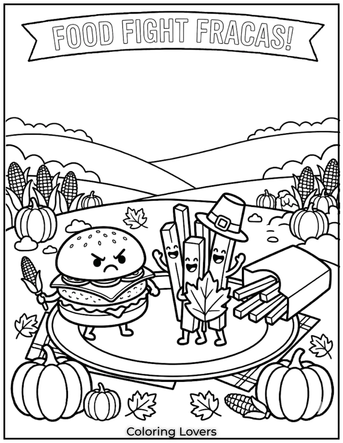 Angry burger coloring pages show funny battle between burger and fries in cartoon style scene.