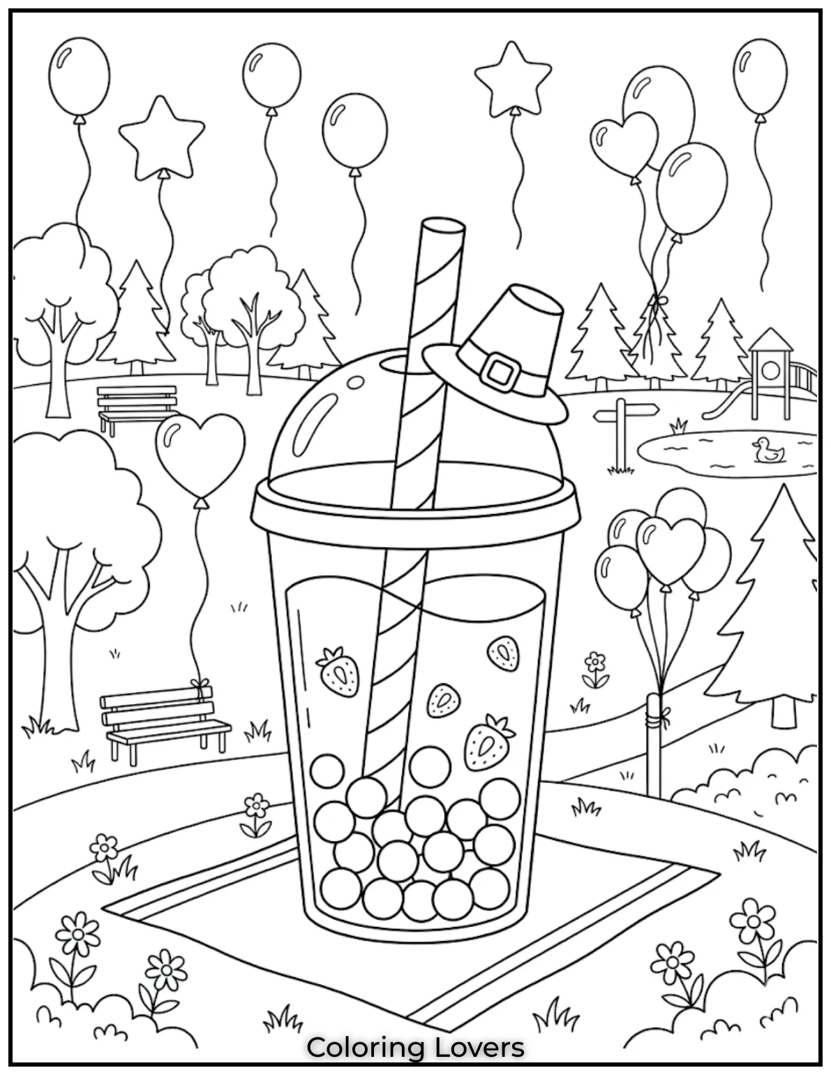 Berry Bubble TeaStrawberry bubble tea with pearls and park background filled with trees balloons and joy fun