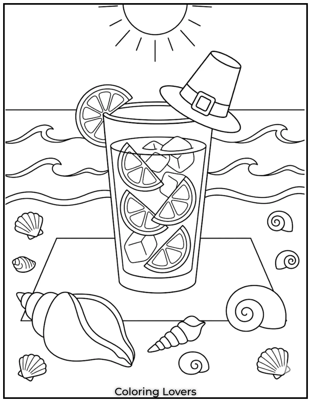 Blue Ocean LemonadeCool blue lemonade with lemon slices and ocean background creating relaxing beach coloring experience scene