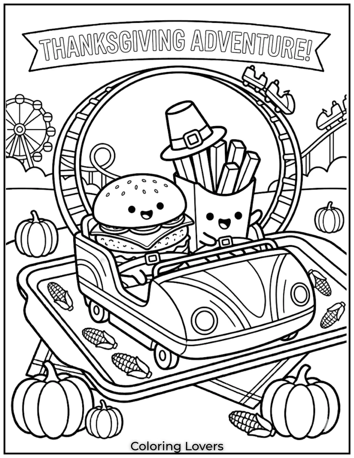 Burger coloring pages show fries and burger riding roller coaster in fun adventure scene together.