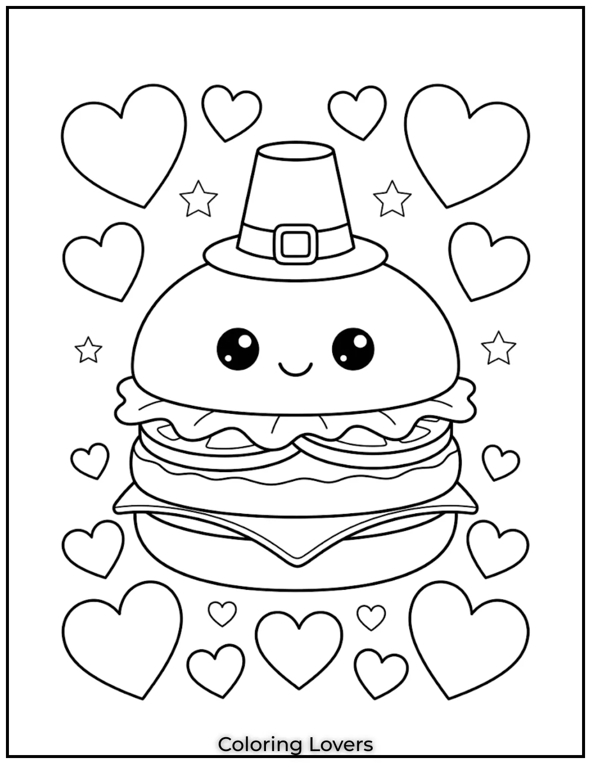 A cute burger surrounded by hearts creates lovely and joyful coloring experience for children time