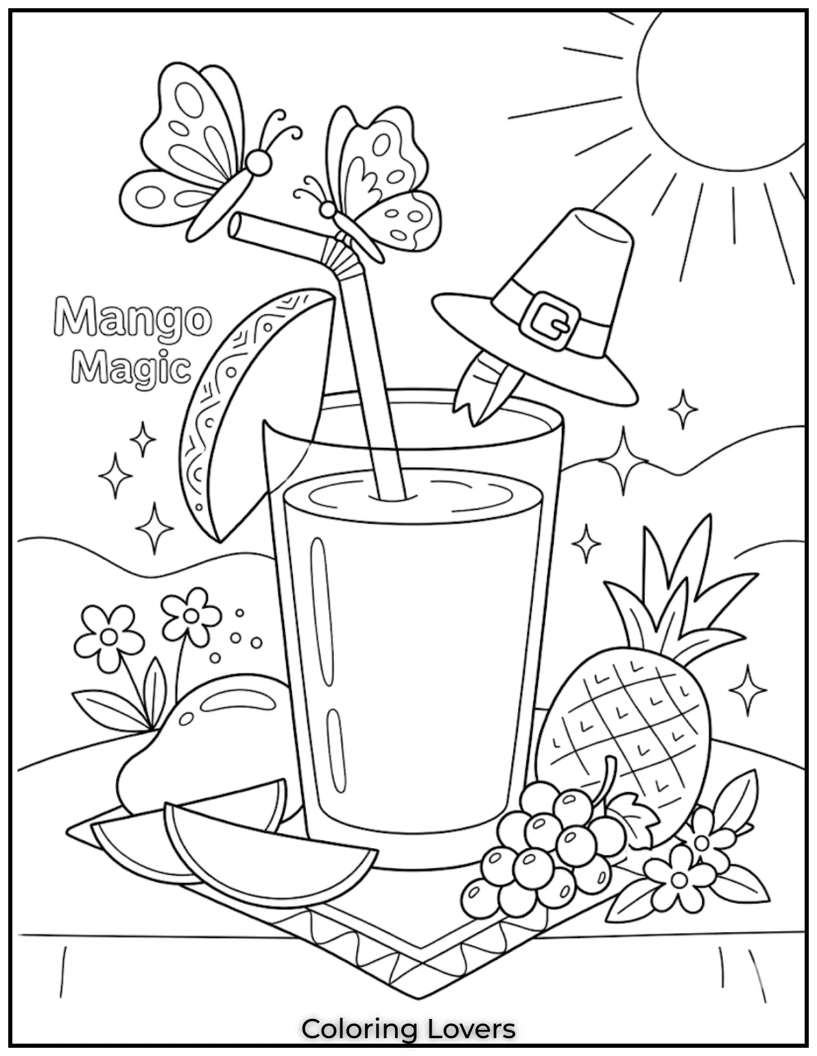 Butterfly Mango SmoothieMango smoothie topped with straw and butterfly decoration creating magical fruity summer coloring page fun