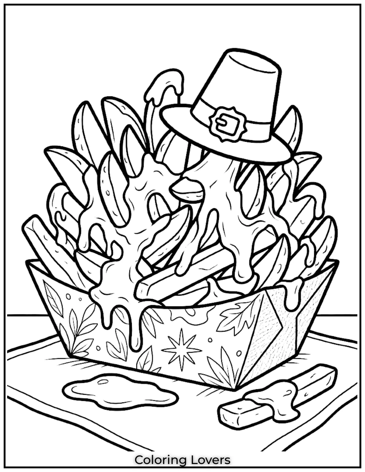 French fries coloring pages show melted cheese sauce topping in rich snack illustration style