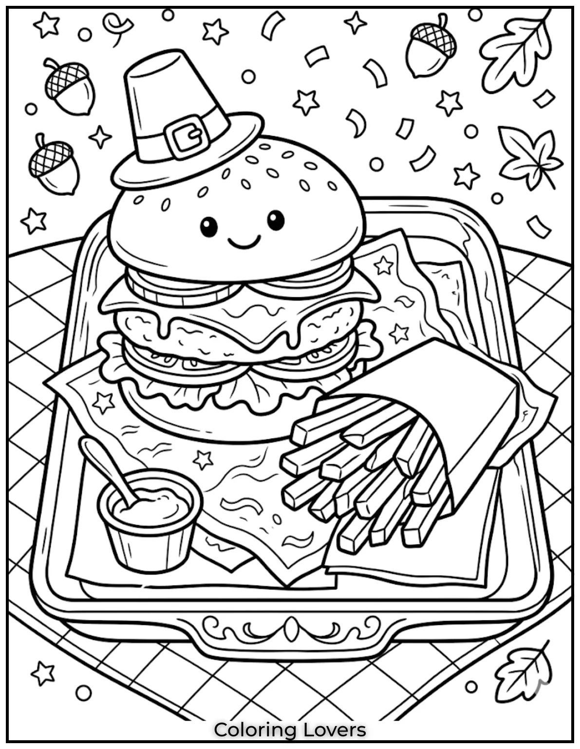 Cheeseburger coloring pages show crispy fries beside burger on tray in fun simple style.
