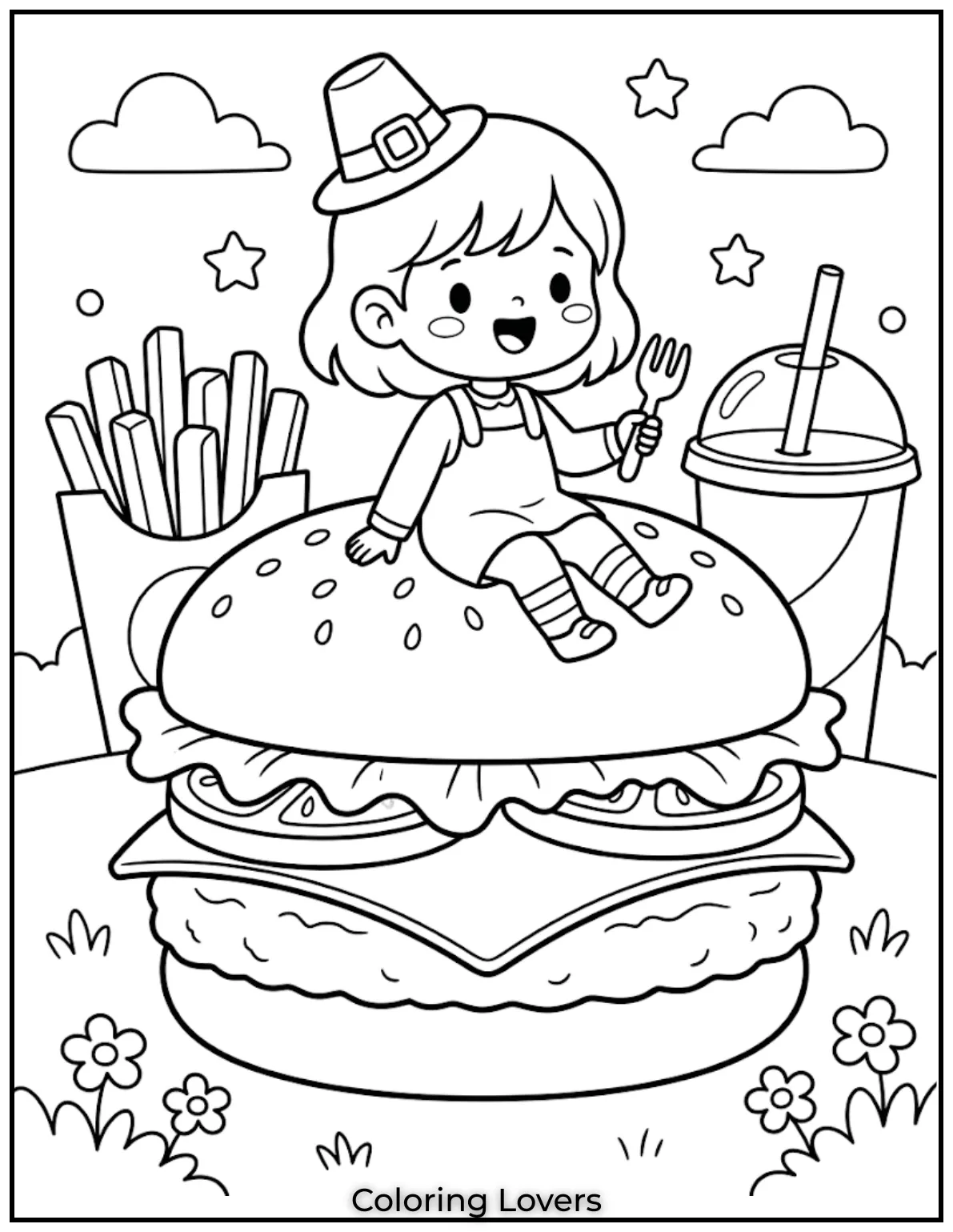 A chibi girl sits on big burger surrounded by snacks creating playful coloring fun scene
